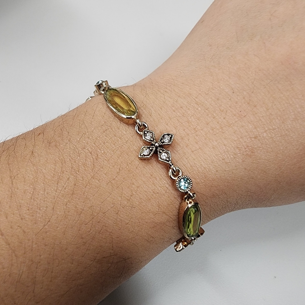 Multi-stone Bracelet Green and Blue Pave Cross Links Gold-tone Vintage-style
